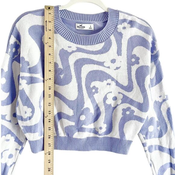 Hollister Purple Cropped Pullover S Groovy Hippie Sweater White Floral Waves - Picture 4 of 8